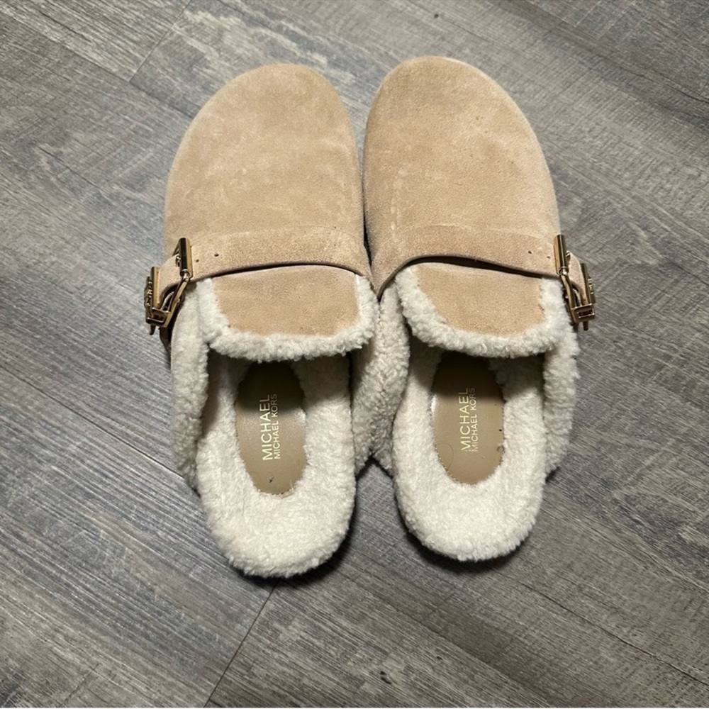 Michael Kors Beige Suede Slippers with Gold Buckle